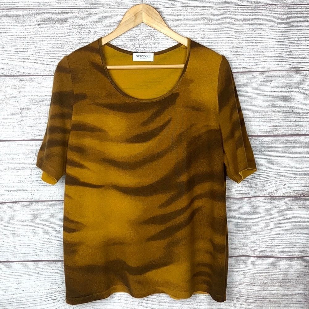 STIZZOLI Italy Wool Crew Neck Top Short Sleeve Sweater Tiger Animal Print